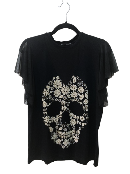 Blusa Feminina Caveira Floral – Mangas de Tule