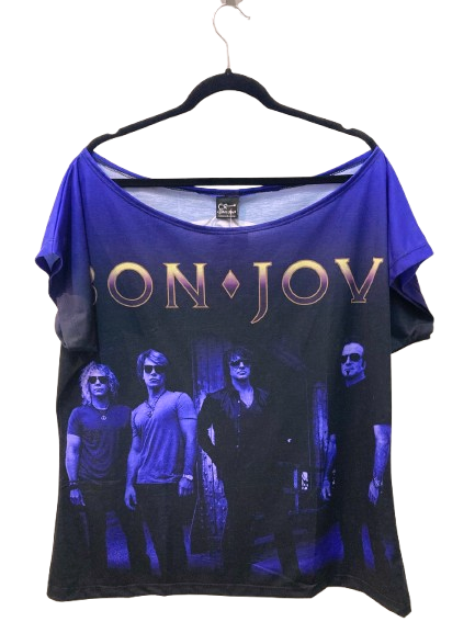 Blusa Feminina Bon Jovi Azul e Preta – Decote Canoa.
