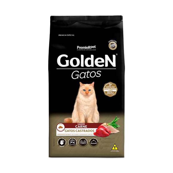 Ração Golden Gatos Adultos Castrados Sabor Carne - 3kg