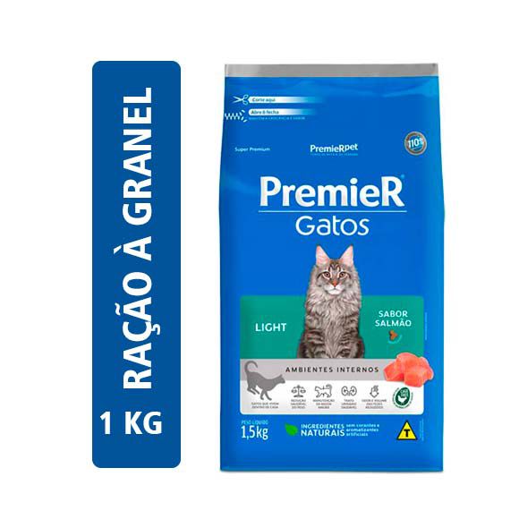 Ração Premier Ambientes Internos Gatos Adultos Light Sabor Salmão - 1kg (Granel)