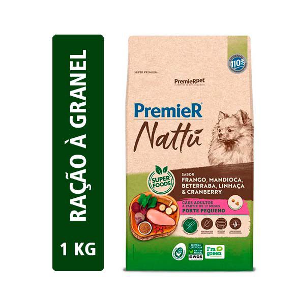 Ração Premier Nattu Cães Adultos Pequeno Porte Sabor Mandioca - 1kg (Granel)