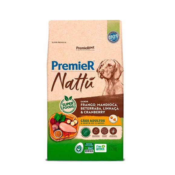 Ração Premier Nattu Cães Adultos Sabor Mandioca - 12kg