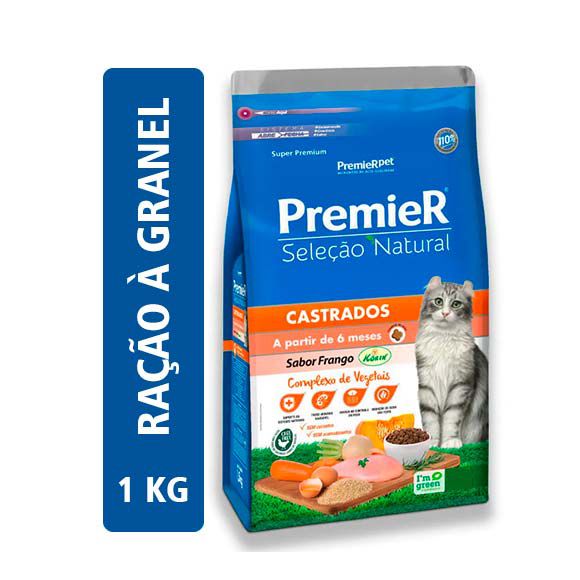 Ração Premier Seleção Natural Gatos Adultos Castrados Sabor Frango Korin - 1kg (Granel)