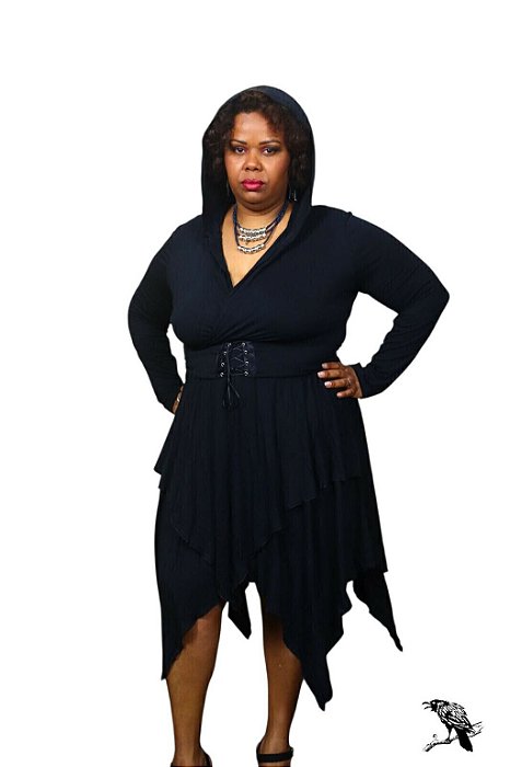 Sombras e Encantos - Vestido de pontas, Manga longa com capuz - Plus Size