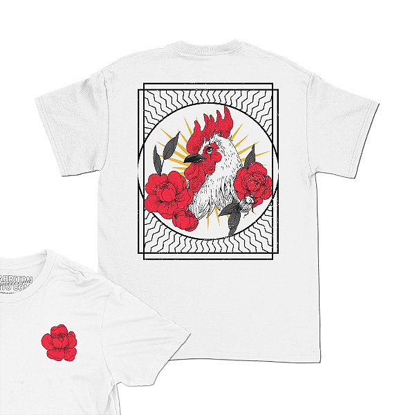 Galo e Rosas - FRENTE e COSTAS - Camiseta Basicona Unissex