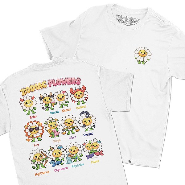 Zodiac Flowers - FRENTE e COSTAS - Camiseta Basicona Unissex