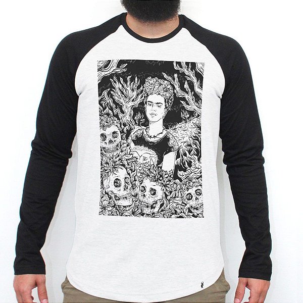 Frida rogai por nós III - Camiseta Raglan Manga Longa Masculina