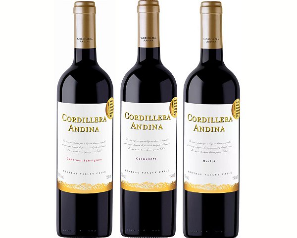 Trio de Tintos Cordillera Andina: Cabernet Sauvignon, Carmenere e Merlot 750ml