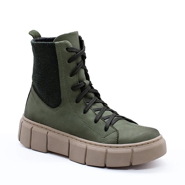 Bota Feminina Tratorada em Couro Legítimo Cadarço e Zíper  do 33 ao 44– Verde Militar