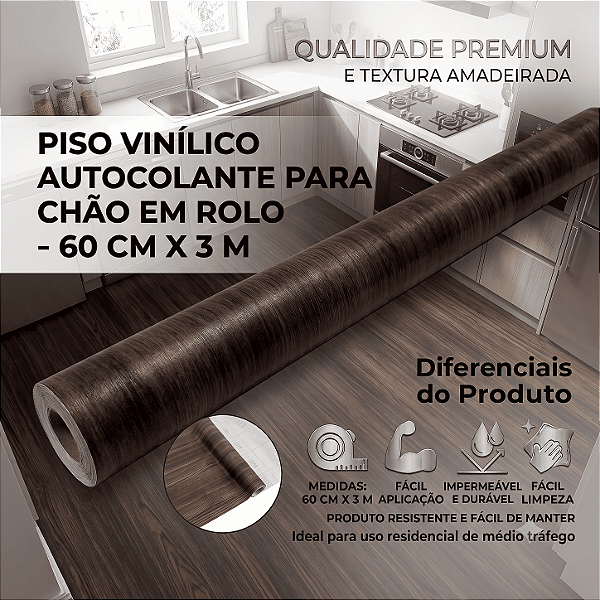 Piso Vinílico Autocolante para Chão Resistente rolo de 3 metros por 60cm