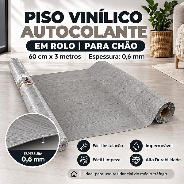 Piso Vinílico Autocolante Resistente Rolo 3m X 60cm, 0,6mm