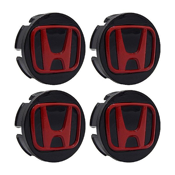 Jogo de Calotinhas 58mm Centro de Roda Honda FIT Civic City WRV Preta com Vermelho