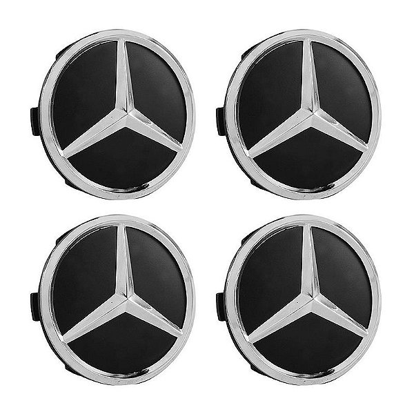Jogo Calotinha Mercedes 75mm Preta Fosca com Emblema Cromado