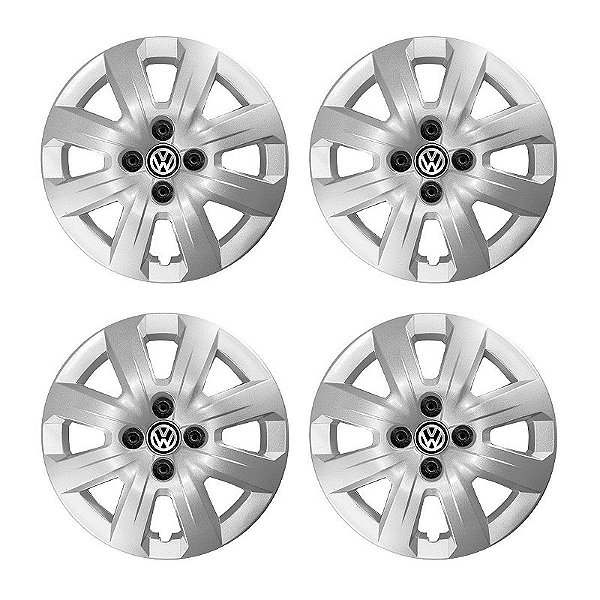 Jogo Calota Aro 14 VW Saveiro 2014/2016 Emblema Resinado + Capa de Parafuso Preta