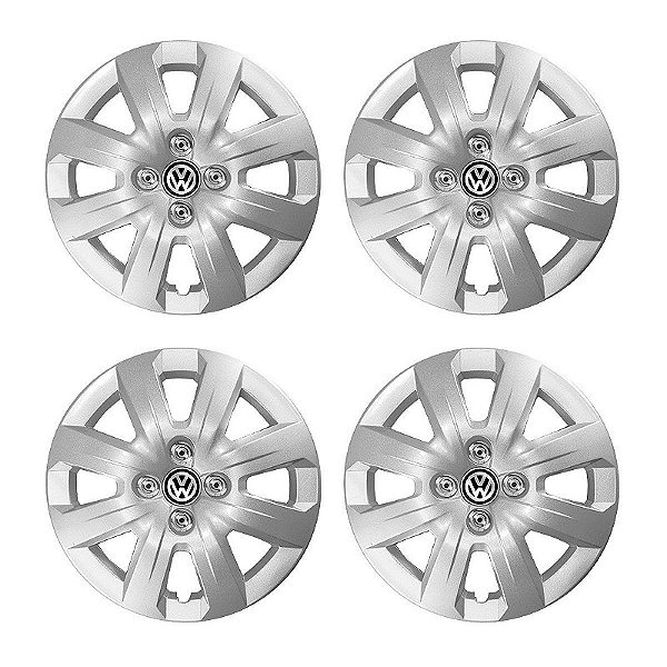 Jogo Calota Aro 14 VW Saveiro 2014/2016 Emblema Resinado + Capa de Parafuso Cromada