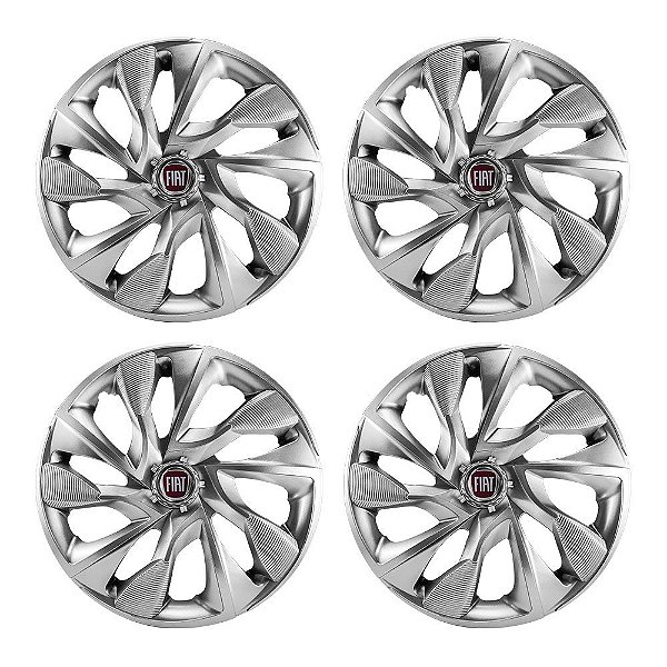 Jogo Calota Esportiva Aro 14 DS4 Prata Fiat emblema resinado vermelho
