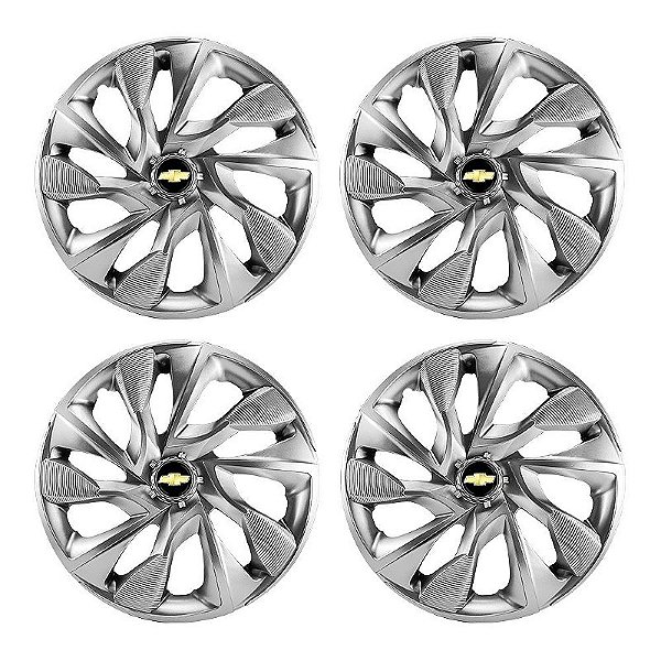 Jogo Calota Esportiva Aro 14 DS4 Prata Chevrolet emblema resinado preto