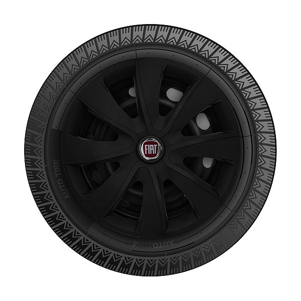 Calota Esportiva aro 13 Prime Preta Fosca Emblema Fiat Vermelho