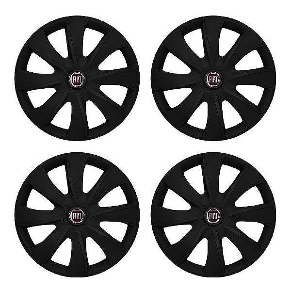 Jogo Calota Esportiva aro 13 Prime Preta Fosca Emblema Fiat Vermelho