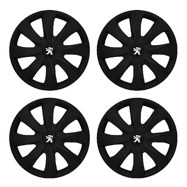 Jogo Calota Esportiva aro 13 Prime Preta Fosca Emblema Peugeot