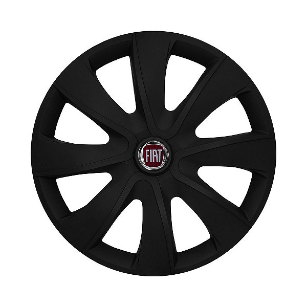 Calota Esportiva aro 14 Prime Preta Fosca Emblema Fiat Vermelho