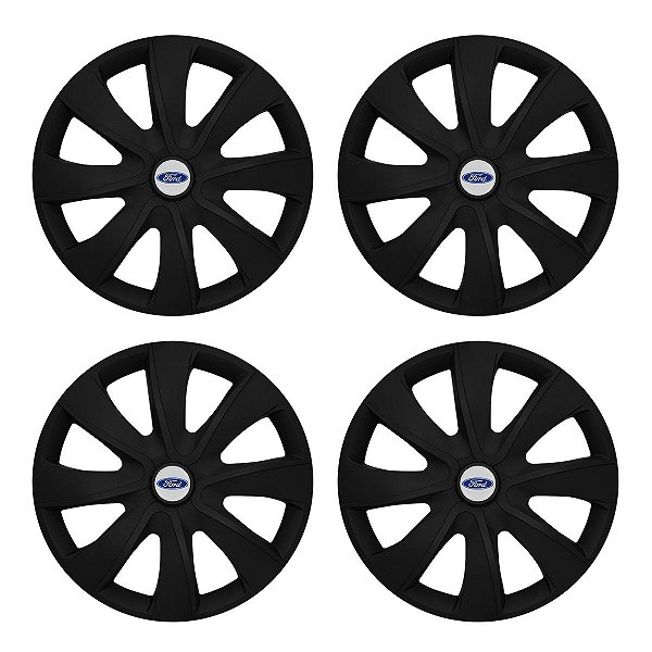 Jogo Calota Esportiva aro 14 Prime Preta Fosca Emblema Ford Prata