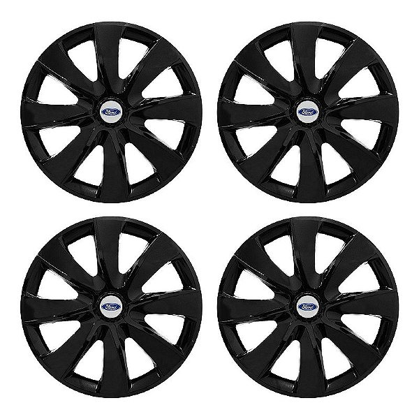 Jogo Calota Esportiva aro 14 Prime Preta Brilhante emblema Ford Prata