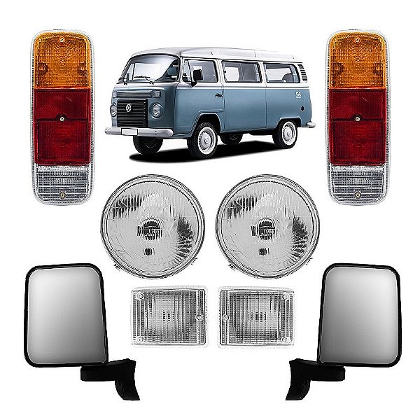 Kit Faróis + Piscas Cristal + lanternas traseiras + retrovisores VW Kombi Clipper e Carat