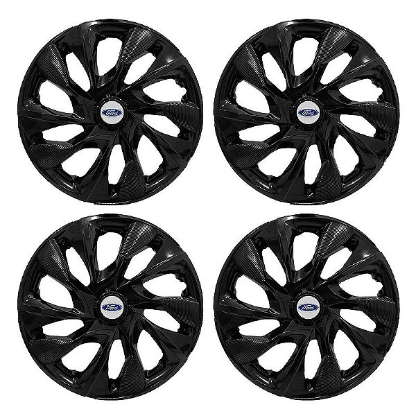 Jogo Calota Esportiva aro 15 DS4 Preta Brilhante Emblema Ford Prata