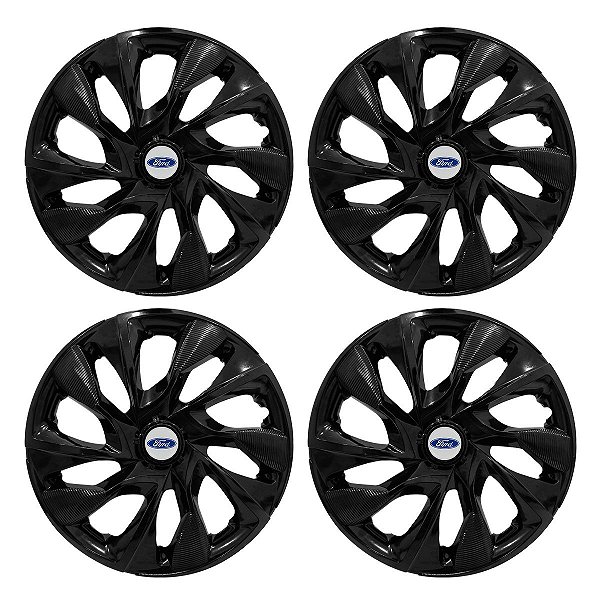Jogo Calota Esportiva aro 15 DS4 Preta Brilhante Emblema Ford Prata