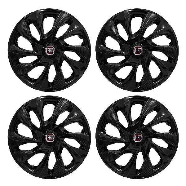 Jogo Calota Esportiva aro 14 DS4 Preta Brilhante Emblema Fiat Vermelho