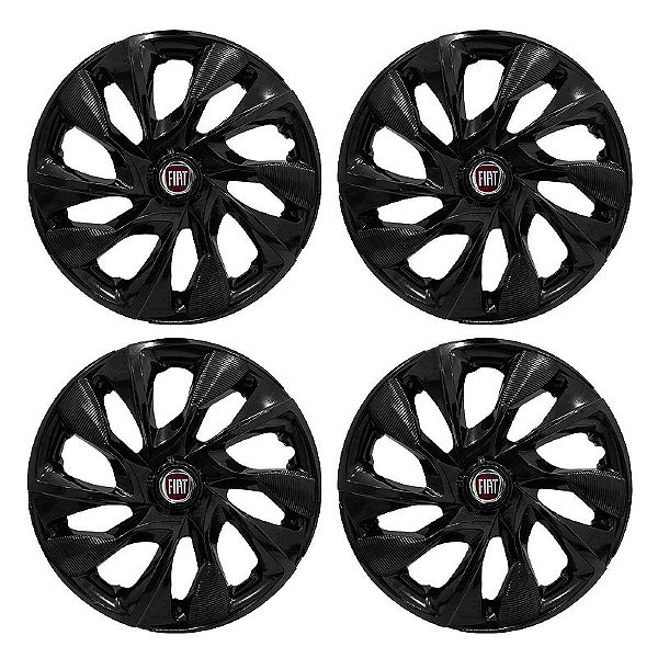 Jogo Calota Esportiva aro 13 DS4 Preta Brilhante Emblema Fiat Vermelho