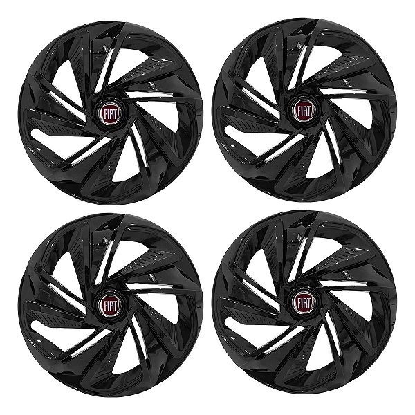 Jogo Calota Esportiva Aro 14 Nitro Preta Brilhante emblema Fiat Vermelho