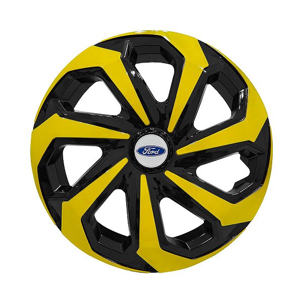 Calota Esportiva Aro 14 Spider Black/Yellow emblema Ford Prata