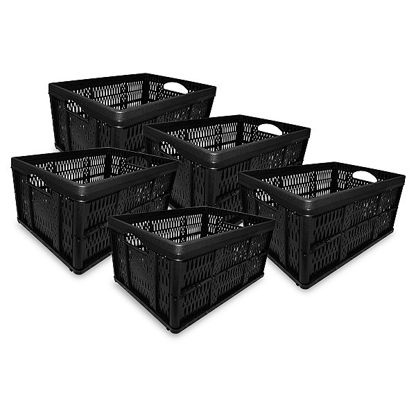 5 Caixa Caixote Plástico Dobrável Desmontável 32L Preta 10kg