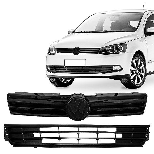 Kit Parachoque Central e Grade Superior C/ Emblema Preto Gol Saveiro Voyage G6 2012 até 2016
