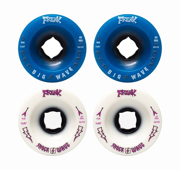 Freak SurfSkate | Roda para skate simulador 65mm | Combinção 2 Shock Wave 92a Branca e 2 Big wave 81a Azul Escura