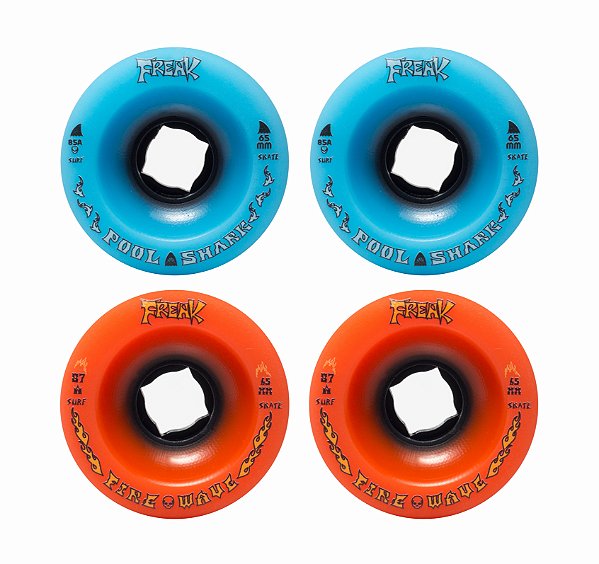 Freak SurfSkate | Roda para skate simulador surf 65mm | Combinação: 2 Fire Wave 87a Laranja e 2 Pool Shark 85a Azul Clara