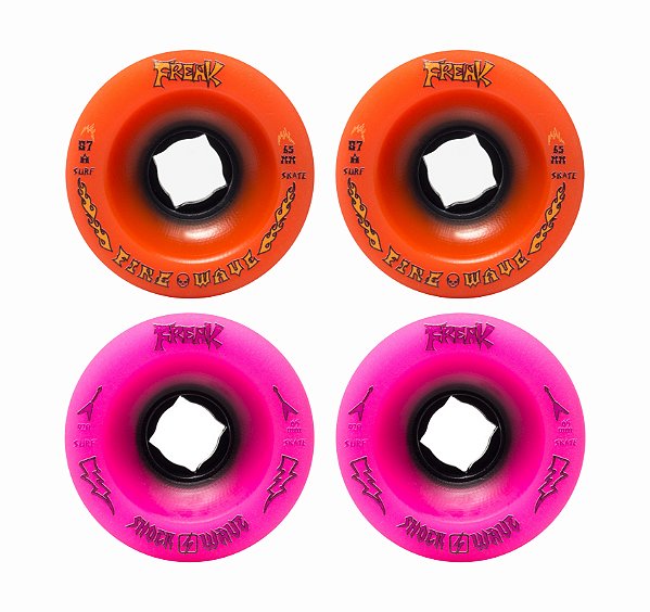 Freak SurfSkate | Roda para skate simulador 65mm | Combinação: 2 Fire Wave 87a Laranja e 2 Shock Wave 92a Rosa