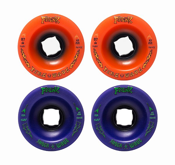 Freak SurfSkate | Roda para skate simulador 65mm | Combinção 2 Shock Wave 92a Roxa e 2 Fire Wave 87a Laranja