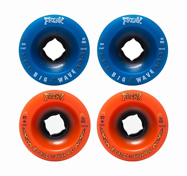 Freak SurfSkate | Roda para skate simulador 65mm | Combinação: 2 Fire Wave 87a Laranja e 2 Big wave 81a Azul escura
