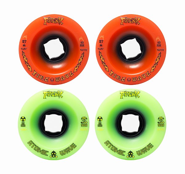 Freak SurfSkate | Roda para skate simulador 65mm | Combinação: 2 Fire Wave 87a Laranja e 2 Atomic Wave 90A Verde