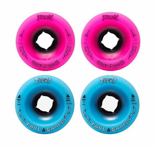 Rodas Freak | Roda para simulador de surf| Combinação: 2 Shock Wave 92a Rosa e 2 Pool Shark 85a Azul Clara