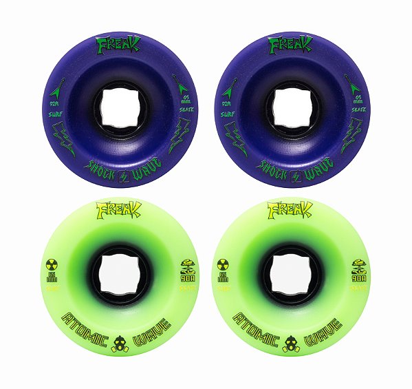 Rodas Freak | Roda para simulador de surf 65mm |Combinação: 2 Shock wave 92A Roxa e 2 Atomic wave 90A Verde
