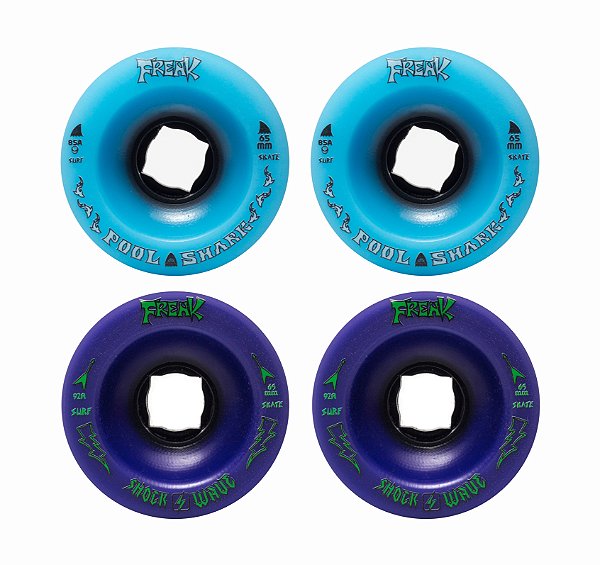 Freak SurfSkate | Roda para skate simulador 65mm | Combinação: 2 Pool Shark 85a Azul Clara e 2 Shock Wave 92a Roxa