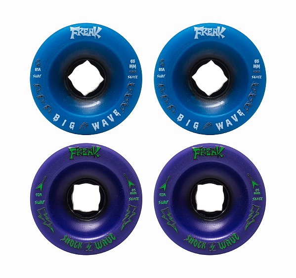 Freak SurfSkate | Roda para skate simulador 65mm | Combinção 2 Shock Wave 92a Roxa e 2 Big wave 81a Azul Escura