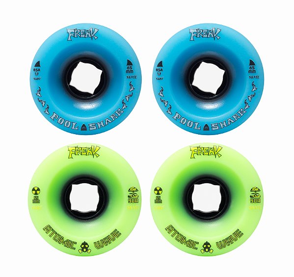 Freak SurfSkate | Roda para skate simulador de surf 65mm | Combinação: 2 Pool Shark 85A Azul Clara e 2 Atomic Wave 90A Verde