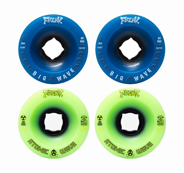 Freak SurfSkate | Roda para skate simulador 65mm | Combinação: 2 Atomic wave 90A Verde e 2 Big wave 81a Azul escura