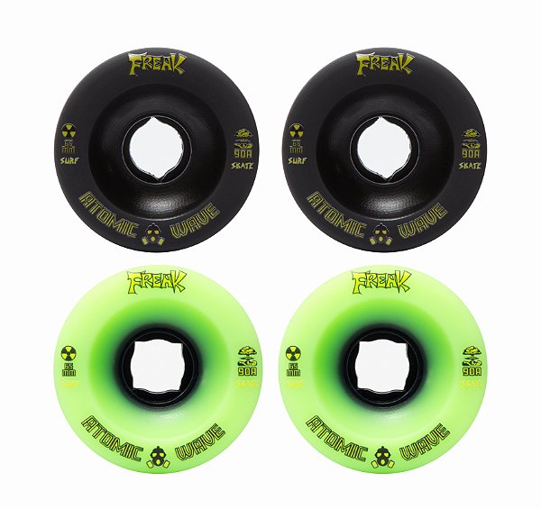 Freak SurfSkate | Roda para skate simulador 65mm | Combinação: 2 Atomic Wave 90A Verde e 2 Atomic Wave 90A Preta