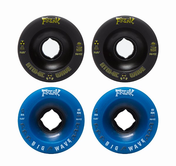 Freak SurfSkate | Roda para skate simulador 65mm | Combinação: 2 Atomic wave 90A Preta e 2 Big wave 81a Azul escura